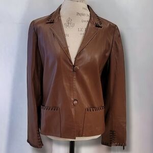 Augustina Wearable Art Camel By The Sea Brown Leather Jacket/Blazer - Size Small